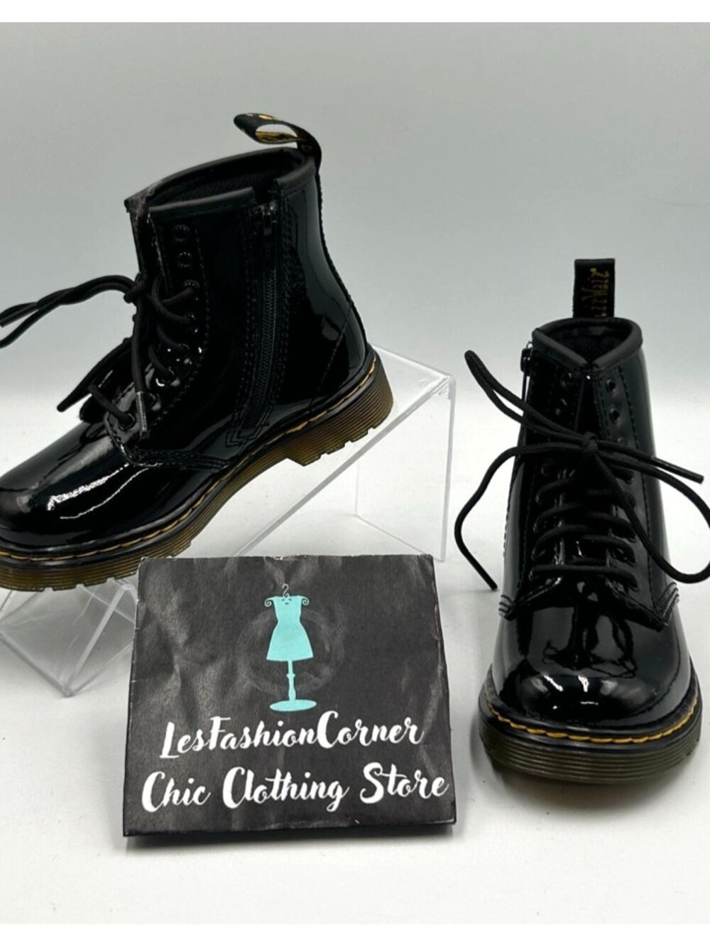 NWOB Dr. Martens Kids Black Patent Leather 1460 T Lace-Up Combat Boots Sz 9 3276